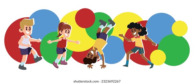 Children dancing breakdance. Happy multiracial children happily jumping and laughing against colorful splashes background. Concept of happiness, joy and fun.