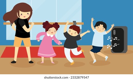 Niños bailando en la clase. Ilustración vectorial al estilo de las caricaturas planas.