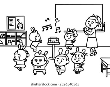 Children dancing in classroom coloring pages style.