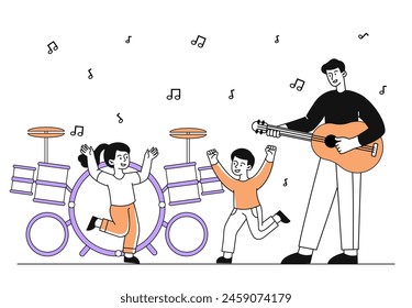 Niños bailando en la música simple. Muchacho y muchacha bailando cerca del hombre con la guitarra y la batería. Creatividad y arte. Entretenimiento y ocio, diversión. Doodle Ilustración vectorial plana aislada sobre fondo blanco