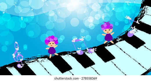 Children dancing on piano keyboard with music note