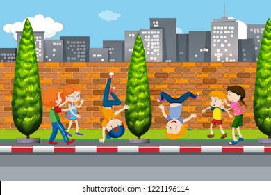 Children dancing on street illustration