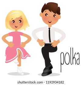 Children Dancing Polka. Vector Illustration Ballroom Dance School.  