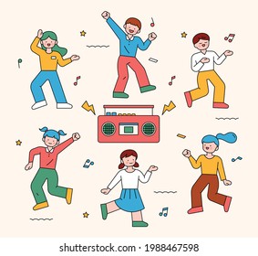  Children are dancing with the radio in the center. outline simple vector illustration.