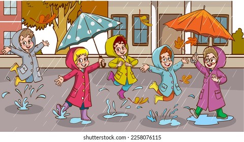 children dancing in the rain cartoon vector 