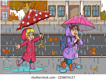 children dancing in the rain cartoon vector 