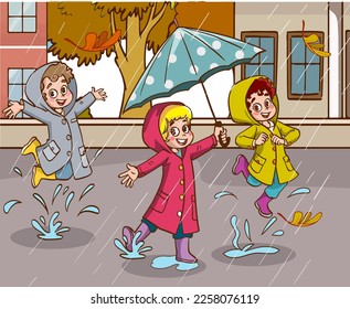 children dancing in the rain cartoon vector 