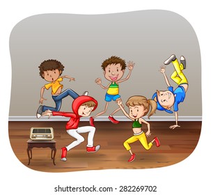 Children dancing in a room on white background