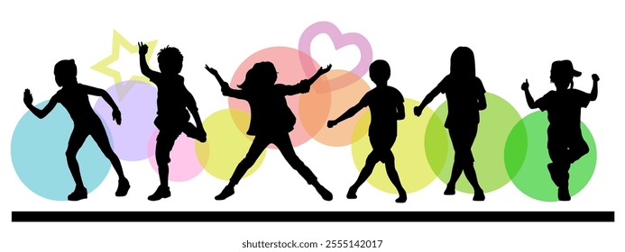 Children dancing silhouettes bright elements on white background. Vector illustration.	
