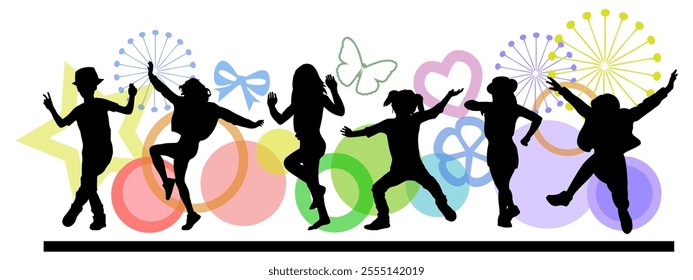 Children dancing silhouettes bright elements on white background. Vector illustration.	
