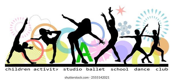 Children dancing silhouettes bright elements on white background. Vector illustration.	
