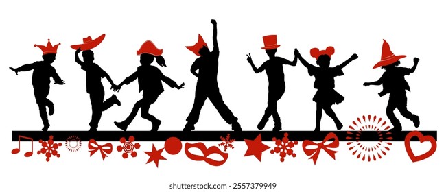 Children dancing silhouettes with christmas and carnival items on white background. Vector illustration.