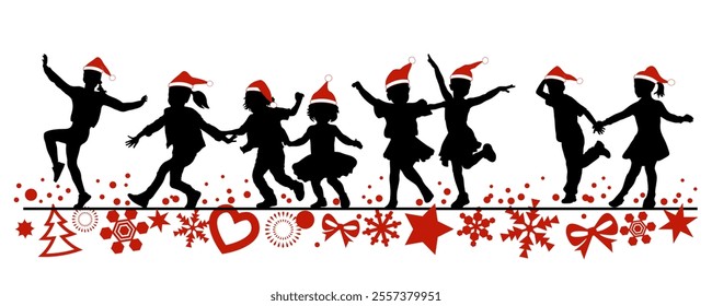 Children dancing silhouettes with christmas items on white background. Vector illustration.