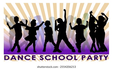 Children dancing silhouettes on bright background. Vector illustration.