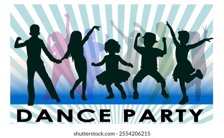 Children dancing silhouettes on bright background. Vector illustration.