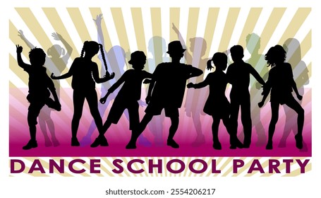 Children dancing silhouettes on bright background. Vector illustration.