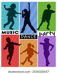 Children dancing silhouettes on bright colorful background. Vector illustration.	