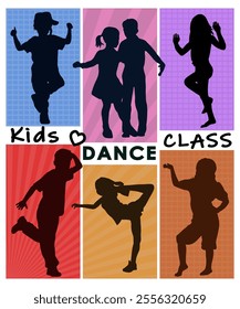 Children dancing silhouettes on bright colorful background. Vector illustration.	