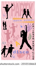 Children dancing silhouettes on pink background. Vector illustration.