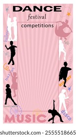 Children dancing silhouettes on pink background. Vector illustration.