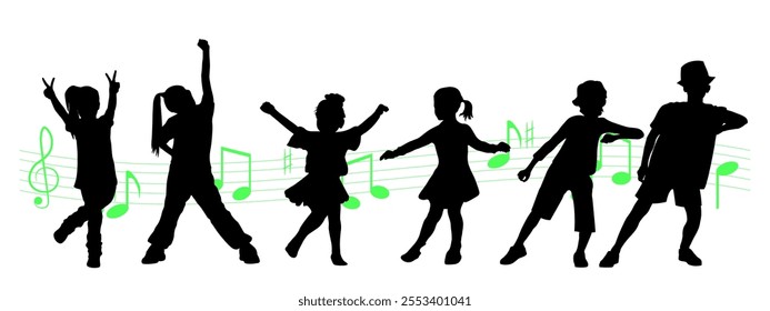 Children dancing silhouettes on white background.  Vector illustration.	