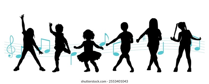 Children dancing silhouettes on white background.  Vector illustration.	