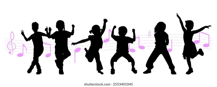 Children dancing silhouettes on white background.  Vector illustration.	