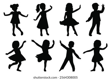 Children dancing silhouettes set isolated flat vector illustration on white background.