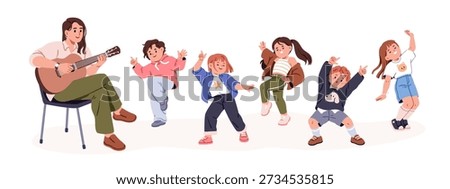 Children dancing, teacher playing guitar. Happy kids, active joyful preschool group moving to music with fun and energy. Boys and girls dance. Flat vector illustration isolated on white background