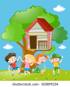 Children dancing in the yard illustration