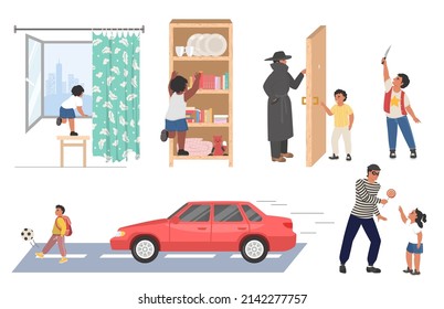 Children danger situation vector. Baby kid risk on road or at home isolated set. Playing near window, on highway and with knife, talking with danger person