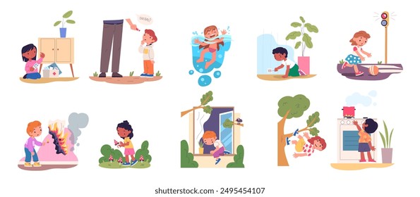 Children dangerous situation. Child bad behavior home alone, kids playing unsafe object curiosity toddler electricity danger accident action safety risk, classy vector illustration authors graphics