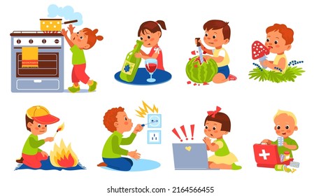 Children Dangerous Situation. Kids In Risk. Boys And Girls Playing With Unsafe Objects. House Mistakes. Babies Curiosity. Beware Of Electricity And Fire. Vector Little