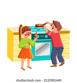 Children Dangerous Situations On Kitchen Vector. Girl Playing With Burning Match And Little Boy Cooking Dinner On Stove, Kids Danger Situations. Characters Flat Cartoon Illustration