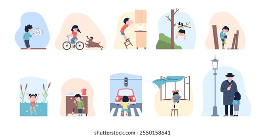 Children in dangerous situations. Risk in play and walking, meeting with stranger and fall down from tree. Playing with knife, girl drowning, recent vector set