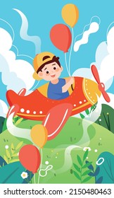 Children day boy is playing in a plane with clouds and plants in the background, vector illustration