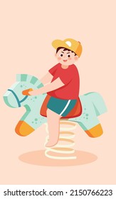 Children day boy is playing with toys on the lawn with sky and clouds in the background, vector illustration