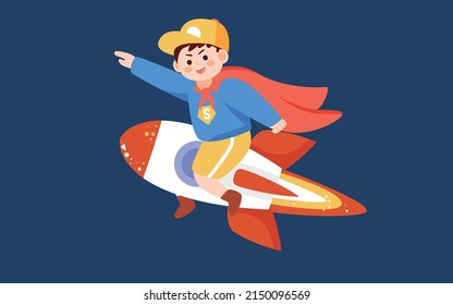 children day Boy sitting on a rocket with space and planet in the background, vector illustration