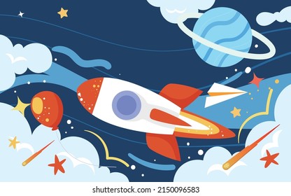 children day Boy sitting on a rocket with space and planet in the background, vector illustration