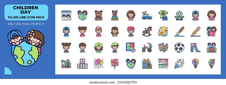 Children Day Filled Line Icons Pack, Contain Such Icons as Teddy bear, rubber duck, kids and more