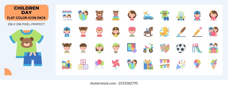 Children Day Flat Icons Pack, Contain Such Icons as Teddy bear, rubber duck, kids and more