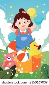 Children day girl receives a lot of gifts and toys, plants and clouds in the background, vector illustration