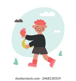 children day. A happy kid playing outside. The boy is holding fruit in his hands: banana and strawberry. Colorful hand drawn vector illustrations for social media post, banner design, postcards