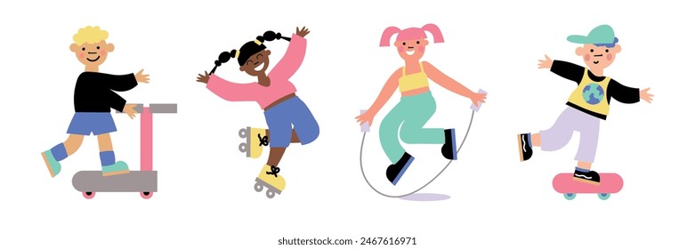 children day. happy kids play outside: on skateboards and scooters. Colorful hand drawn vector illustrations for social media post, banner design, postcards. set of clip art