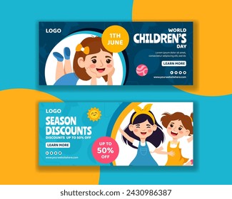 Children Day Horizontal Banner Flat Cartoon Hand Drawn Templates Background Illustration