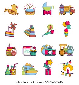 Children day icons set. Cartoon set of 16 children day vector icons for web isolated on white background
