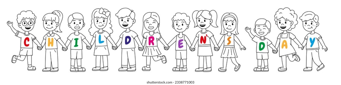 Children Day line banner. Boys and girls with colorful letters on their chests stand and hold hands. Kids and teenagers international holiday and festival. Linear flat vector illustration