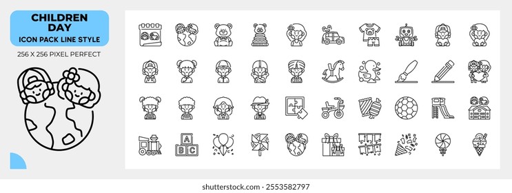 Children Day Line Icons Pack, Contain Such Icons as Teddy bear, rubber duck, kids and more