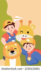 Children day children posing with animals in the zoo with plants and clouds in the background, vector illustration