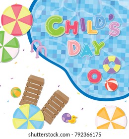 Children day poster. Cute objects as beach umbrellas, chair and ring at swimming pool.